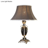 Rustic Dark Gray Fabric Tapered Table Lamp With Crystal Accent - Single Bulb Night Light For Bedroom