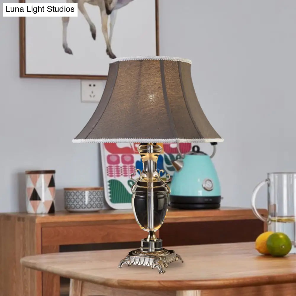 Rustic Dark Gray Fabric Tapered Table Lamp With Crystal Accent - Single Bulb Night Light For Bedroom
