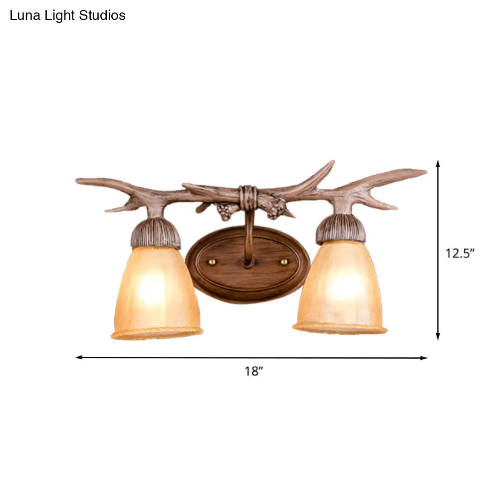 Rustic Dark Wood Cone Wall Sconce With Antler Deco - 2-Light Corridor Lamp