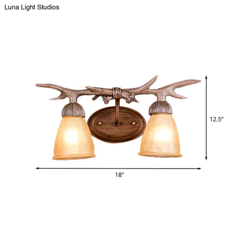 Rustic Dark Wood Cone Wall Sconce With Antler Deco - 2-Light Corridor Lamp
