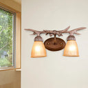 Rustic Dark Wood Cone Wall Sconce With Antler Deco - 2-Light Corridor Lamp
