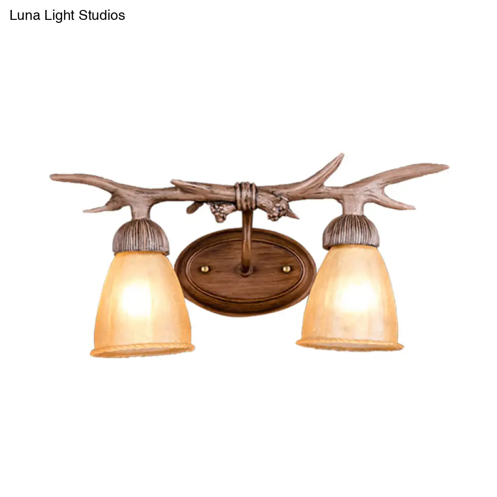 Rustic Dark Wood Cone Wall Sconce With Antler Deco - 2-Light Corridor Lamp