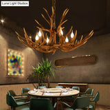 Rustic Deer Horn Chandelier With Adjustable Chain - 6-Light Original Wood Color Retro Candlestick
