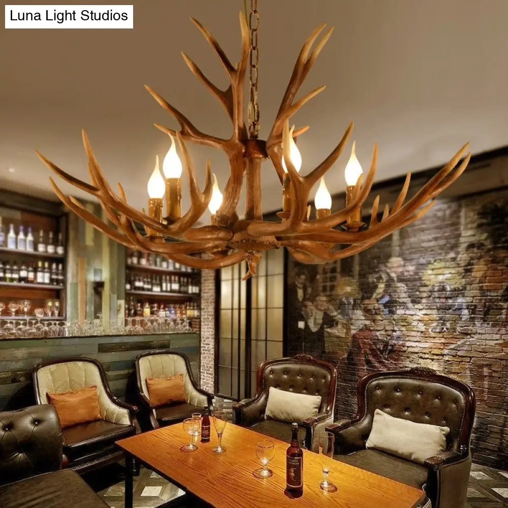 Rustic Deer Horn Chandelier With Adjustable Chain - 6-Light Original Wood Color Retro Candlestick