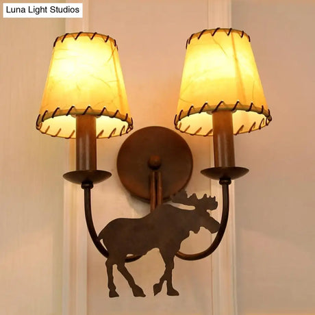 Rustic Deer-Themed Metal Sconce Lighting: Tapered 2-Light Wall Mounted Lamp For Living Room
