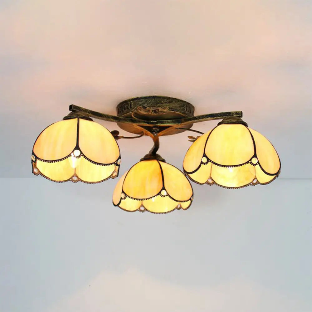 Rustic Dome Ceiling Fixture - Beige/Yellow-Blue/Clear/Blue Glass Flush Mount 3 Lights Living Room