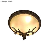 Rustic Domed Tan Glass Flush Light With Deer Head Decor – 3 - Bulb Ceiling Fixture Brown