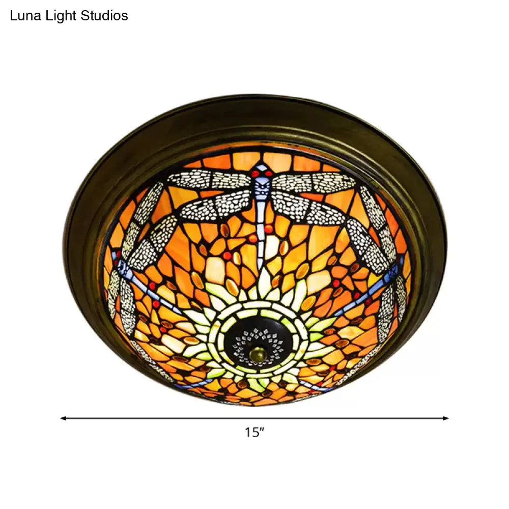 Rustic Dragonfly Stained Glass Ceiling Light - 19.5’/15’ Width Orange Indoor Flush Mount