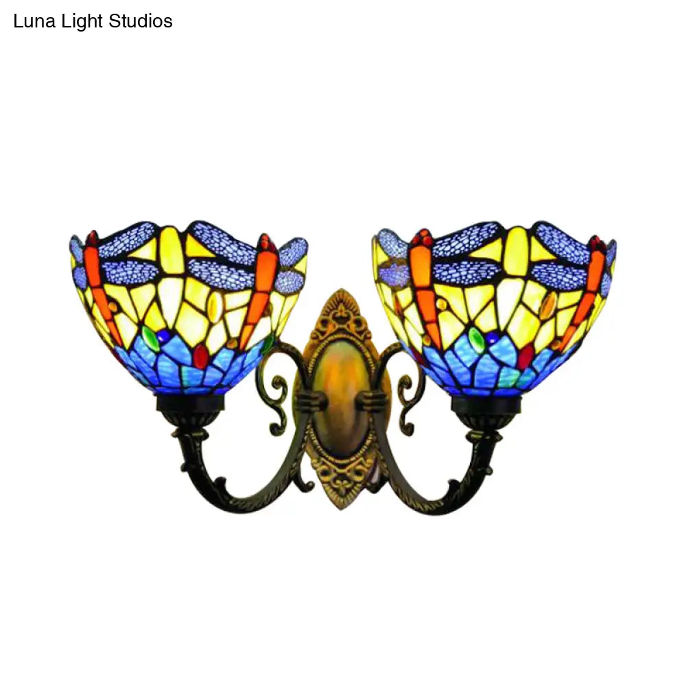 Rustic Dragonfly Wall Light - Vintage 2-Light Stained Glass Fixture In Brass Indoor Lighting