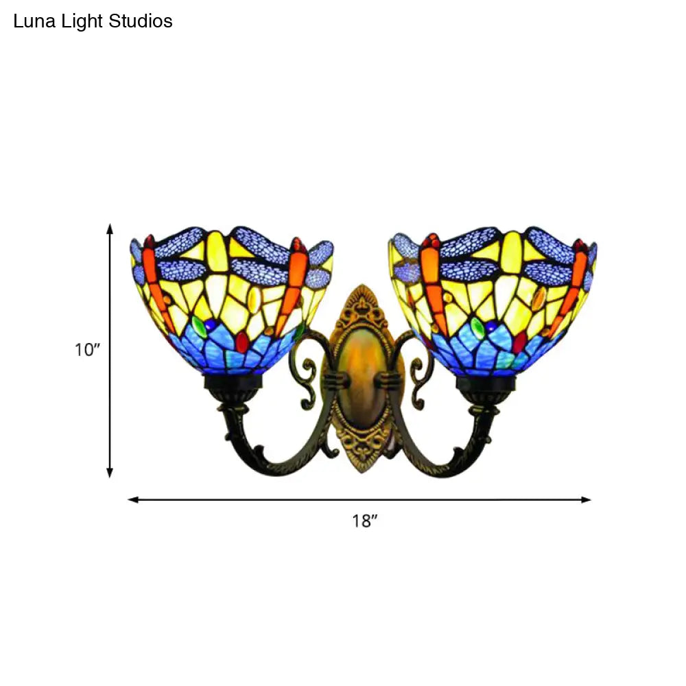 Rustic Dragonfly Wall Light - Vintage 2-Light Stained Glass Fixture In Brass Indoor Lighting