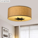 Rustic Drum Ceiling Lamp With Floral Pattern And 3 Bulbs - Grey/Beige Flush Mount For Dining Rooms