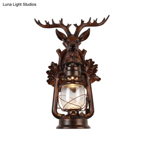 Rustic Elk Backplate Wall Lamp - Flameless Kerosene Sconce With Brown/Bronze Glass