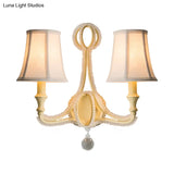 Rustic Empire Shade Fabric Wall Mounted Bedroom Sconce In White/Aged Silver - 1/2 Lights Fixture