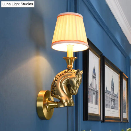 Rustic Fabric Conical Wall Light: Gold Hallway Sconce With Horse Head Arm