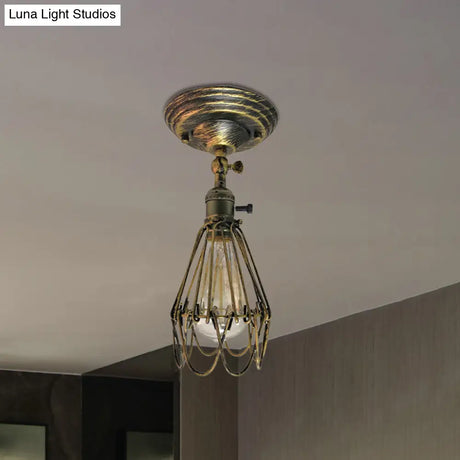 Rustic Farmhouse Semi-Flush Iron Cage Bedroom Ceiling Light In Rust/Aged Silver