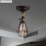 Rustic Farmhouse Semi-Flush Iron Cage Bedroom Ceiling Light In Rust/Aged Silver