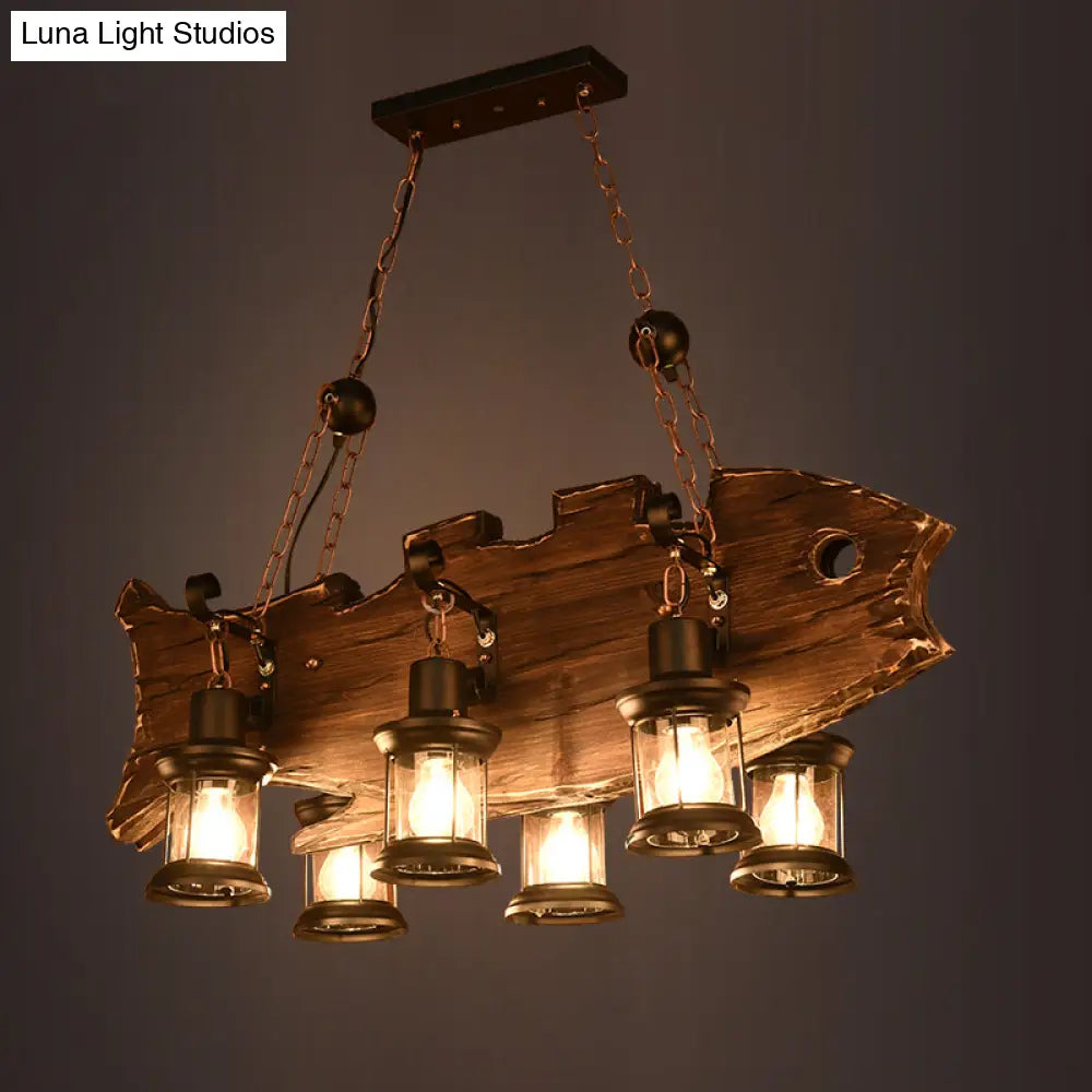 Rustic Fish Shaped Wood Hanging Lamp - 6 Heads Island Lighting With Lantern Shade In Brown