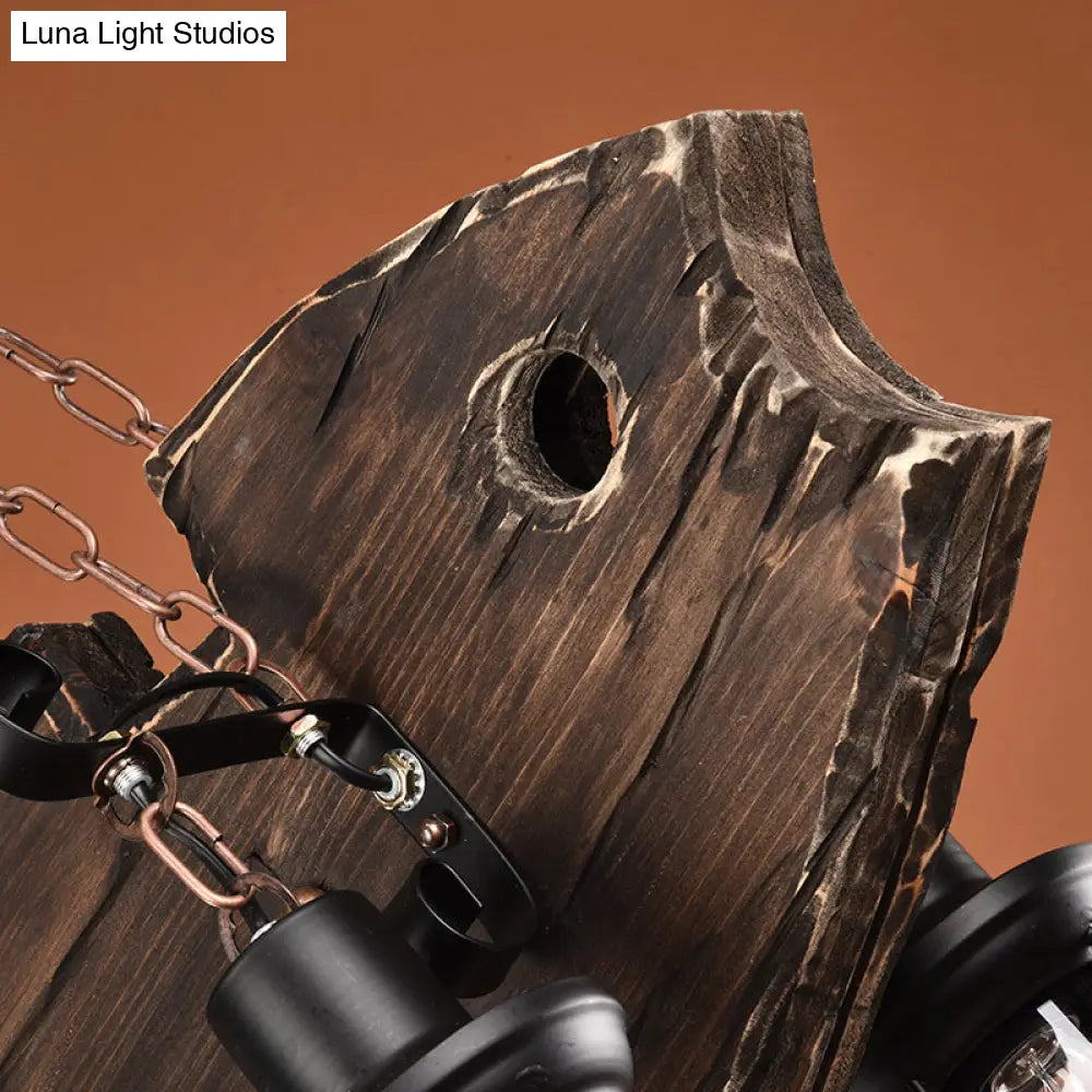 Rustic Fish Shaped Wood Hanging Lamp - 6 Heads Island Lighting With Lantern Shade In Brown