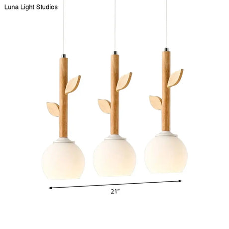 Rustic Flower Pendant Lamp W/ 3 Glass Lights & Wood Leaf For Kitchen Ceiling - White