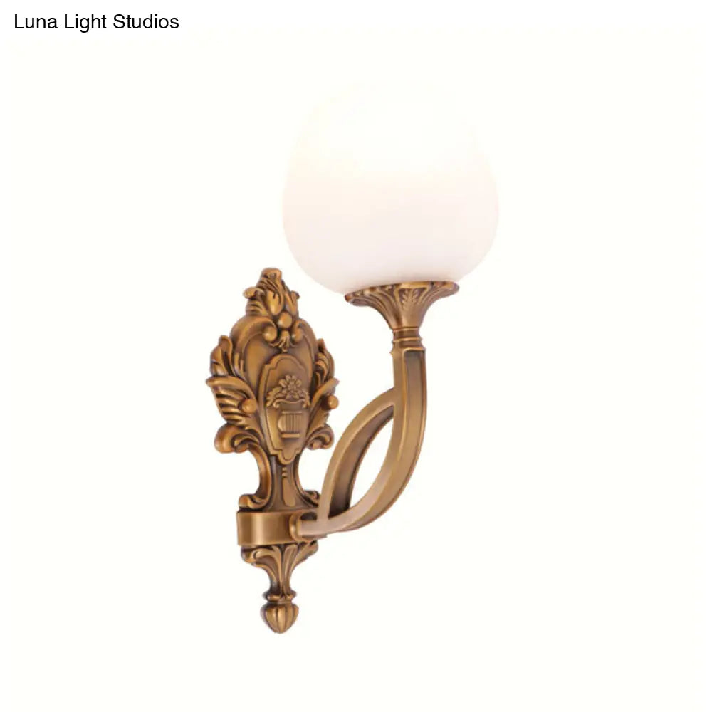 Rustic Flower Wall Mounted Lamp: 1-Light Cream Glass Sconce In Brass With Carved Backplate