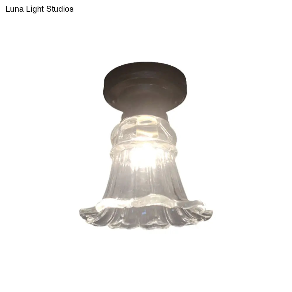 Rustic Fluted Glass Ceiling Lamp: Rural Style Blossom Flush Mount In Black