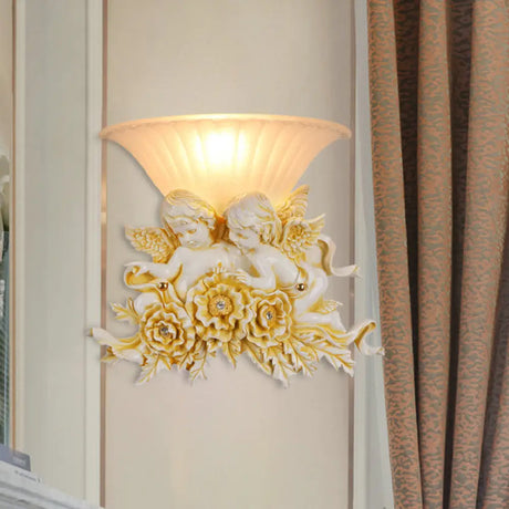 Rustic Gold/Beige Opal Fluted Glass Wall Light With Dual Angels Decor - Mounted Lamp Beige