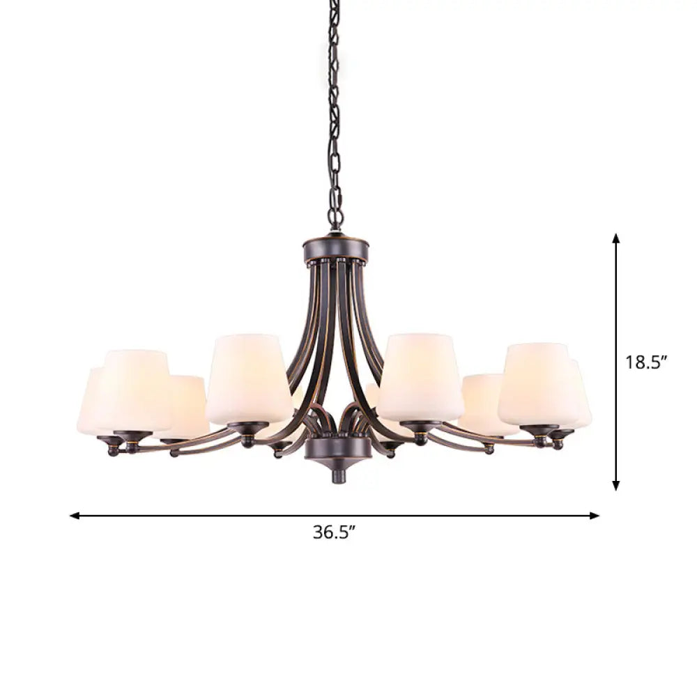 Rustic Gold-Black Conical Up Chandelier With Ivory Glass Hang For Living Room 10 /