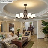 Rustic Gold-Black Conical Up Chandelier With Ivory Glass Hang For Living Room