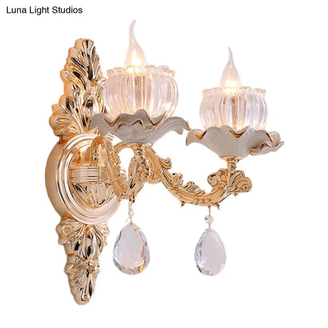 Rustic Gold Ruffle Wall Mount Sconce Light With Clear Ribbed Glass - Traditional Design