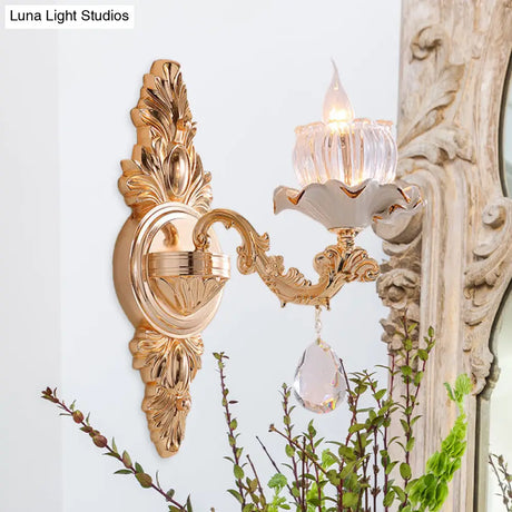 Rustic Gold Ruffle Wall Mount Sconce Light With Clear Ribbed Glass - Traditional Design