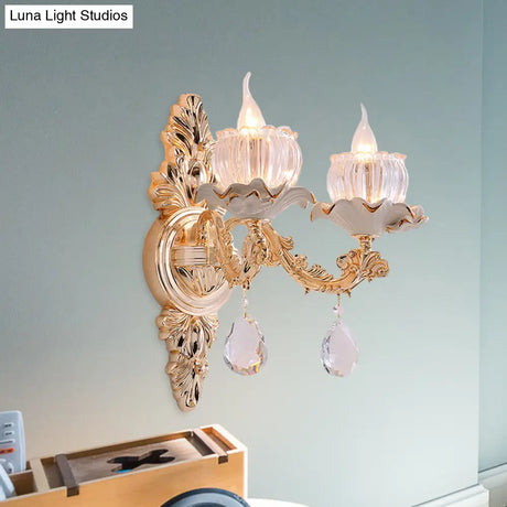 Rustic Gold Ruffle Wall Mount Sconce Light With Clear Ribbed Glass - Traditional Design