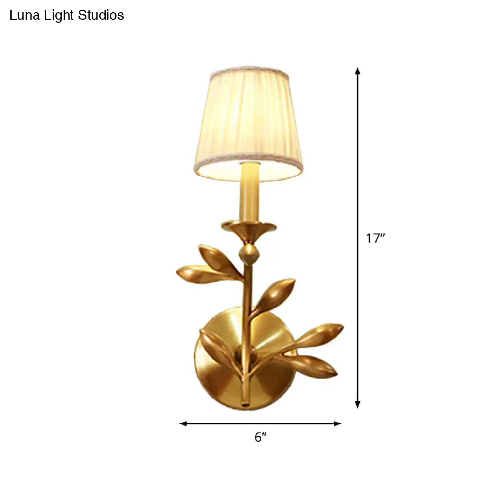 Rustic Gold Tapered Wall Lamp With Gathered Fabric & Wheat Decor