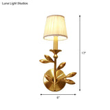 Rustic Gold Tapered Wall Lamp With Gathered Fabric & Wheat Decor