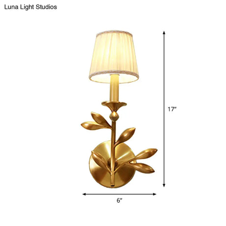 Rustic Gold Tapered Wall Lamp With Gathered Fabric & Wheat Decor