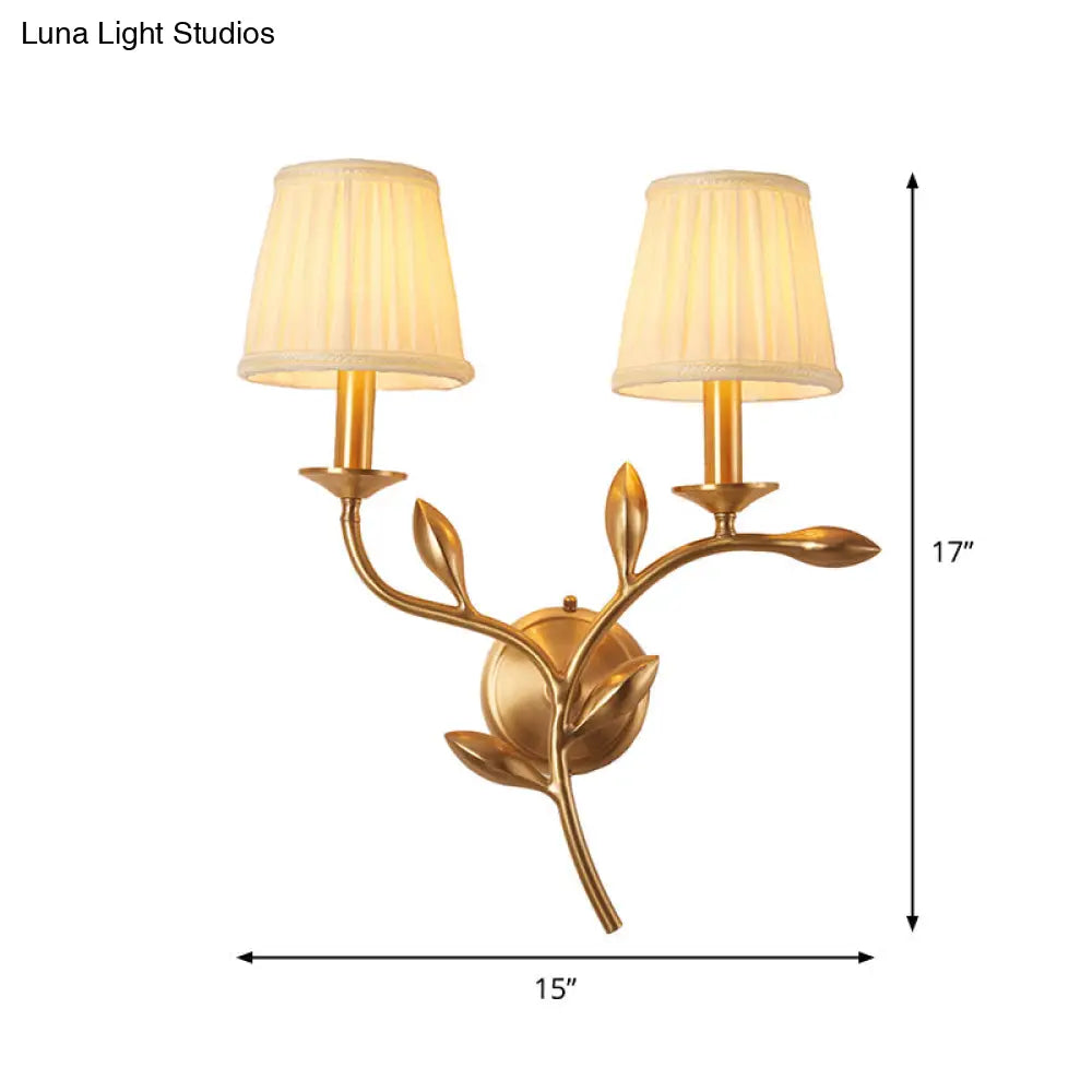 Rustic Gold Tapered Wall Lamp With Gathered Fabric & Wheat Decor