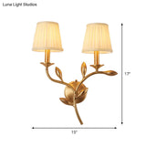 Rustic Gold Tapered Wall Lamp With Gathered Fabric & Wheat Decor