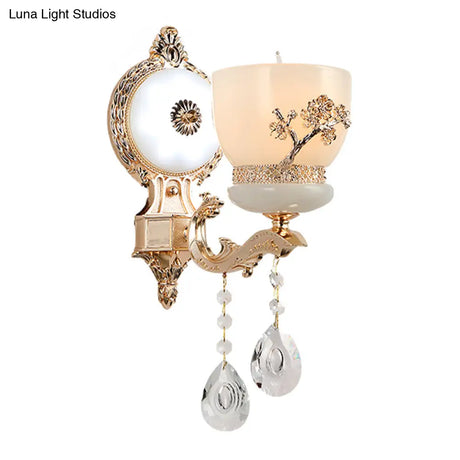 Rustic Gold Wall Sconce With Flower-Embossed Bowl And Frosted Glass - Crystal Accent