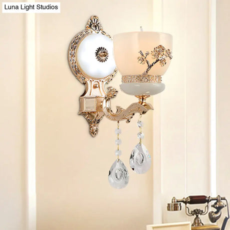 Rustic Gold Wall Sconce With Flower-Embossed Bowl And Frosted Glass - Crystal Accent