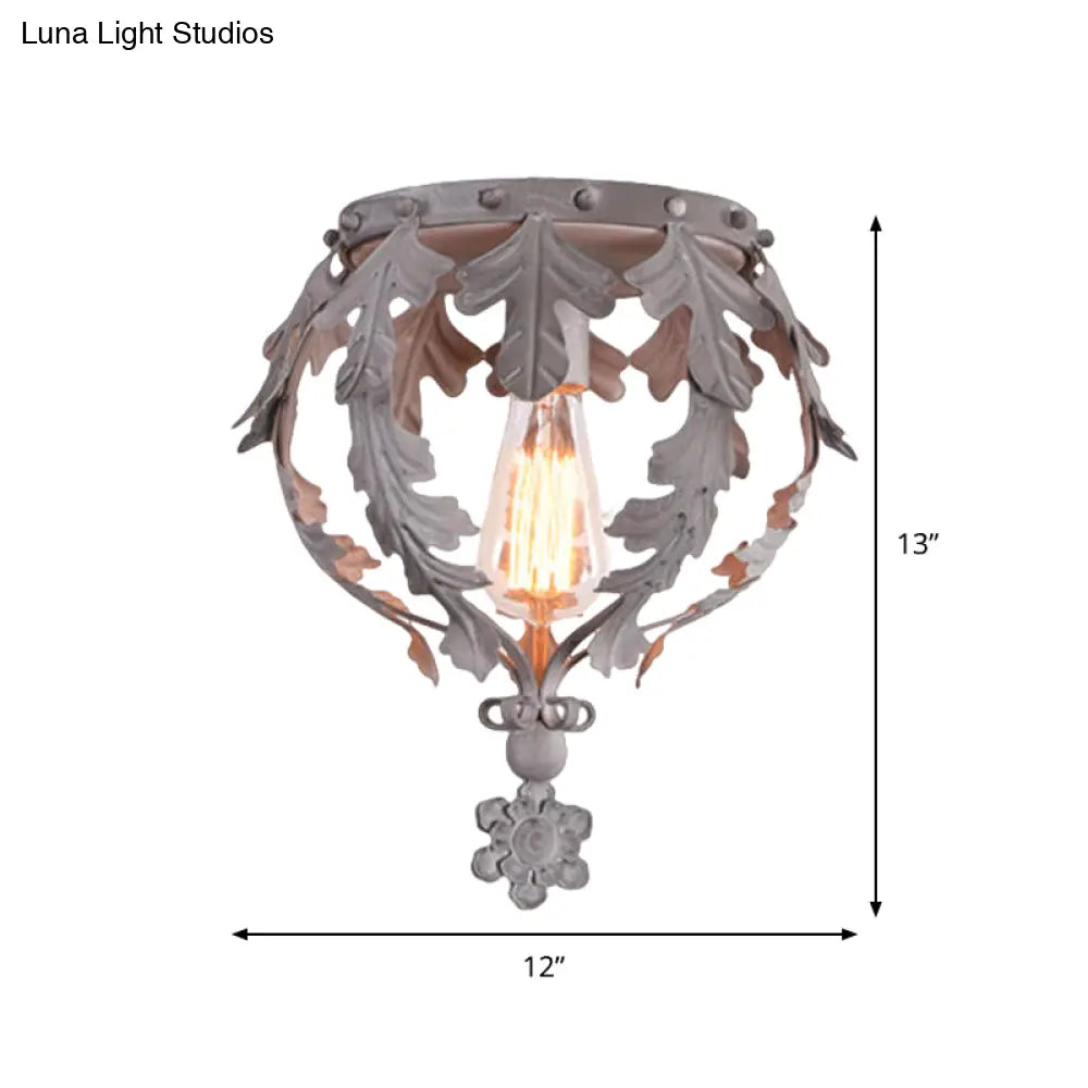 Rustic Grey/White/Gold Metal Leaf Crown Flush Light Ceiling Lamp For Corridor