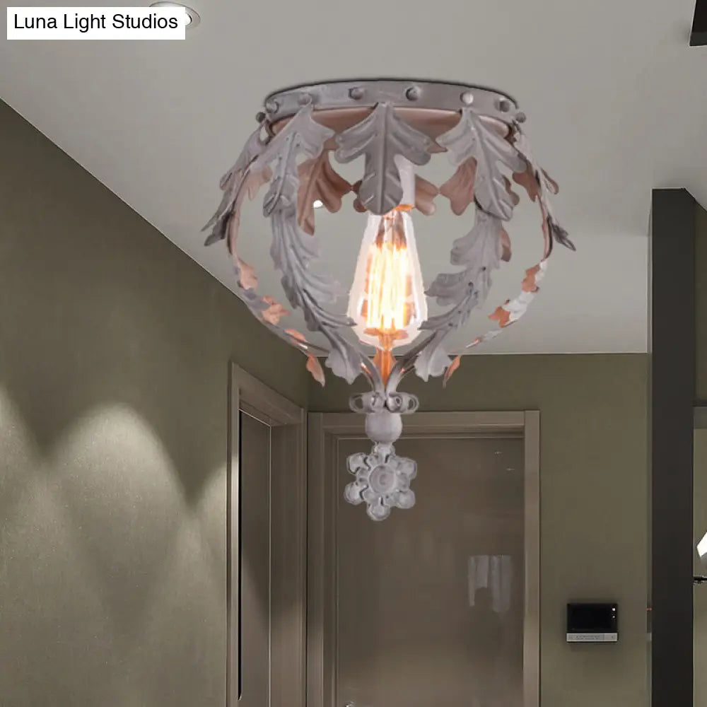 Rustic Grey/White/Gold Metal Leaf Crown Flush Light Ceiling Lamp For Corridor