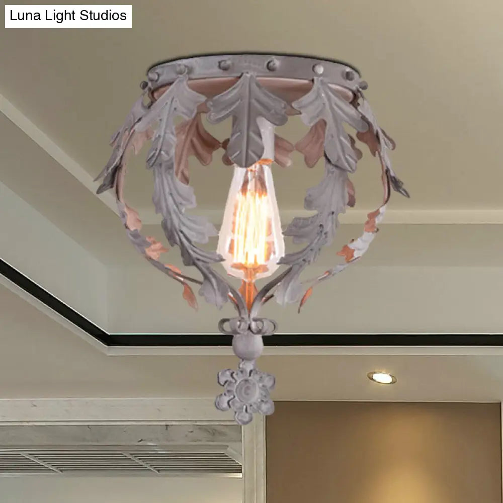Rustic Grey/White/Gold Metal Leaf Crown Flush Light Ceiling Lamp For Corridor