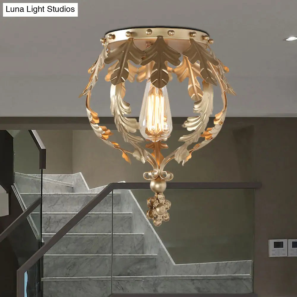 Rustic Grey/White/Gold Metal Leaf Crown Flush Light Ceiling Lamp For Corridor