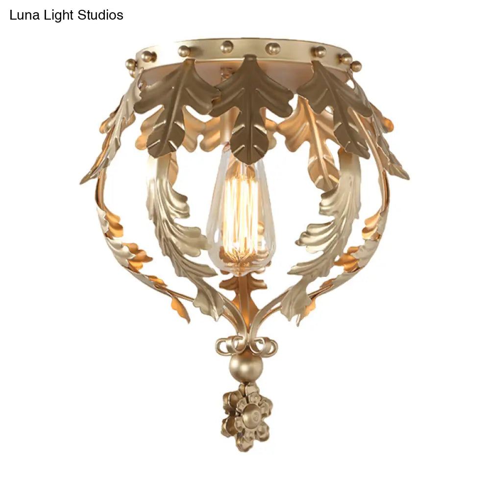 Rustic Grey/White/Gold Metal Leaf Crown Flush Light Ceiling Lamp For Corridor