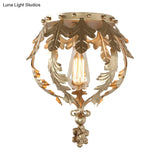 Rustic Grey/White/Gold Metal Leaf Crown Flush Light Ceiling Lamp For Corridor