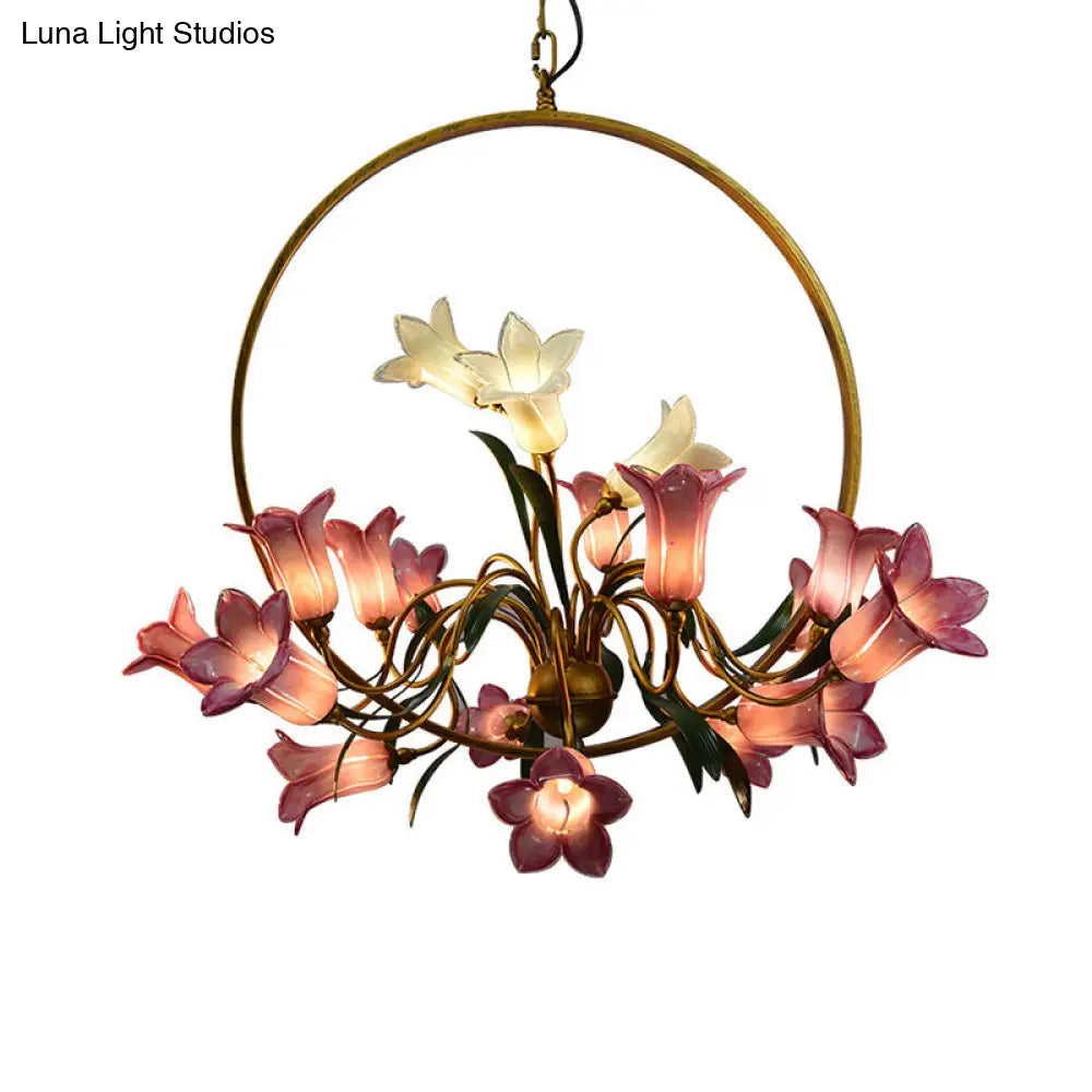 Rustic Hand-Blown Glass Lily Flower Chandelier For Living Room With Metal Ring