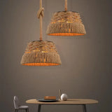 Rustic Hand-Weaving Rope Tapered Pendant In Brown For Country Club Ceiling Hang Light With 1 Bulb
