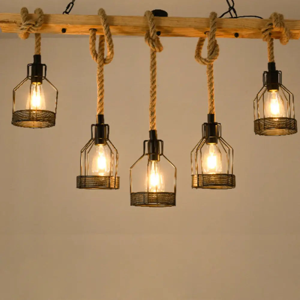 Rustic Hemp Rope Chandelier - Retro Industrial Pendant With Wire Cage For Restaurants 5 / Black