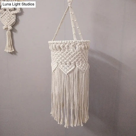 Rustic Hemp Rope Pendant Light With Criss-Cross Fringe Corridor Drop Design - 1 Head White