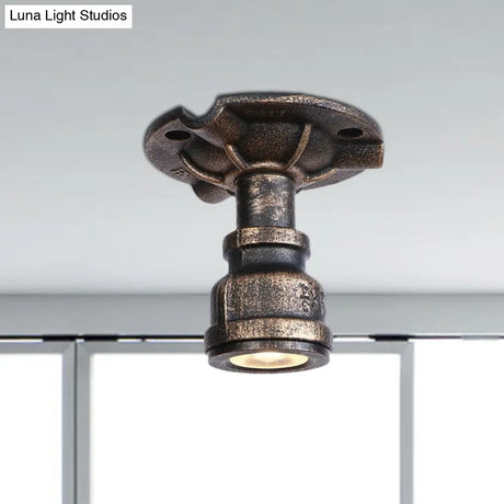 Rustic Industrial Antique Brass Water Pipe Ceiling Light With 1 Metal Semi Flush Mount - Perfect