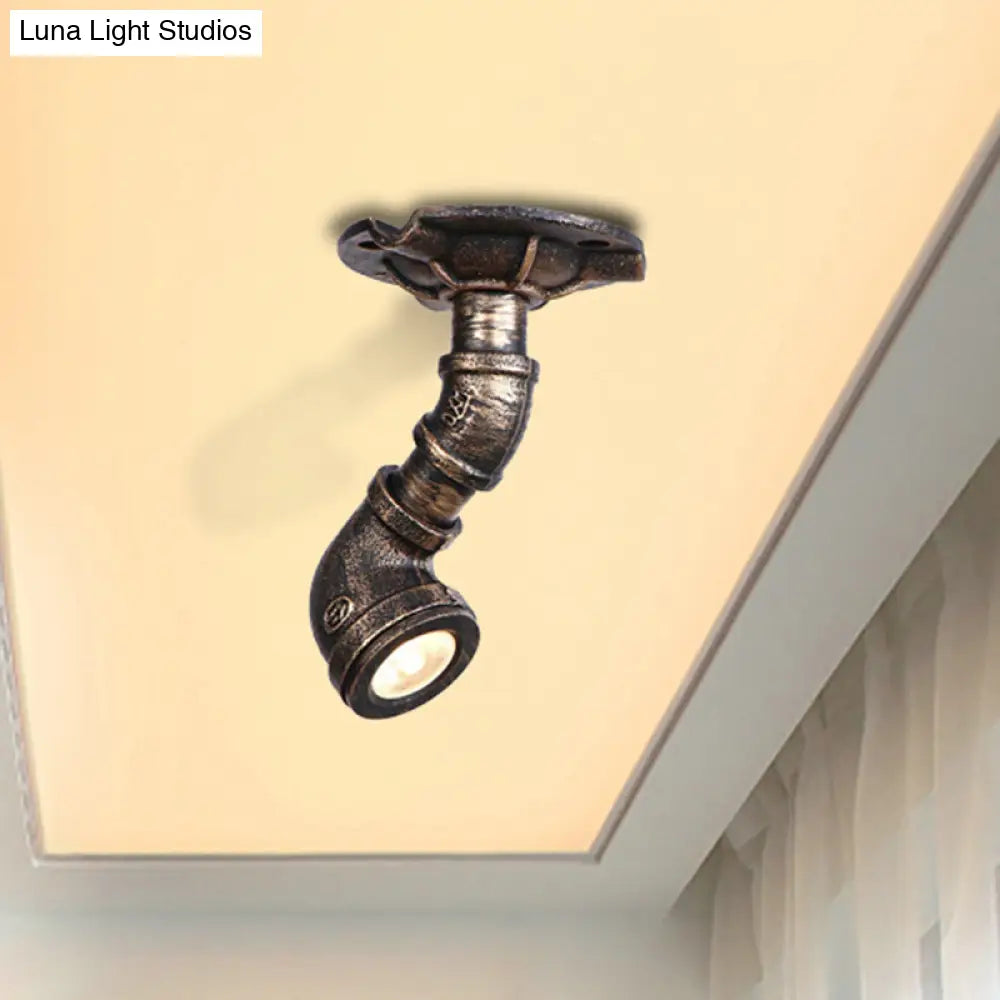 Rustic Industrial Antique Brass Water Pipe Ceiling Light With 1 Metal Semi Flush Mount - Perfect